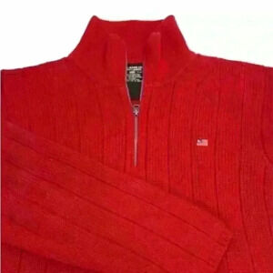Men’s Vintage Polo Ralph Lauren Red Half Zip Mock Neck Flag Logo Sweater- Medium